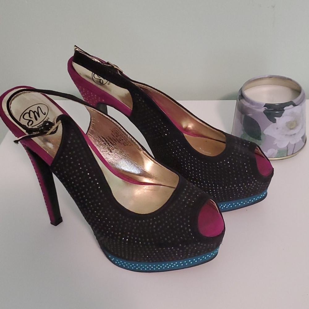 *Black, Pink & Teal Peep Toe Pumps, Size 6.5